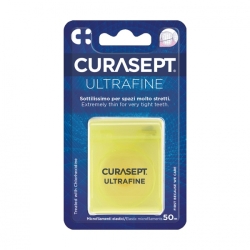 Tarpdančių siūlas CURASEPT Ultra Fine Unwaxed impregnuotas chlorheksidinu, 50 m