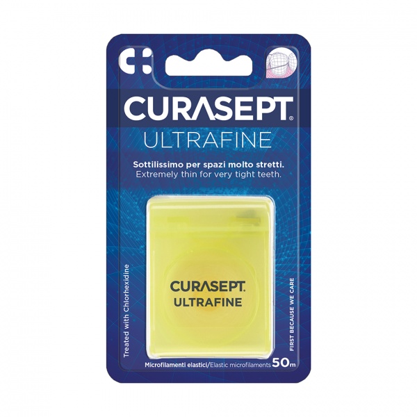 Tarpdančių siūlas CURASEPT Ultra Fine Unwaxed impregnuotas chlorheksidinu, 50 m (1)